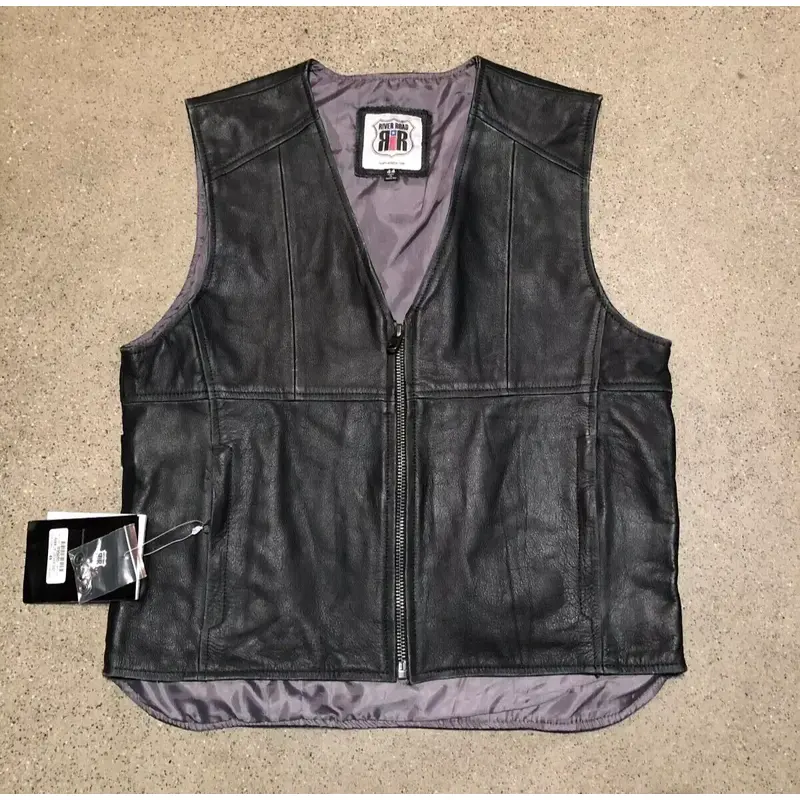River Road Black Leather Motorcycle Biker Vest Mens Rambler Sz Size 44 095085