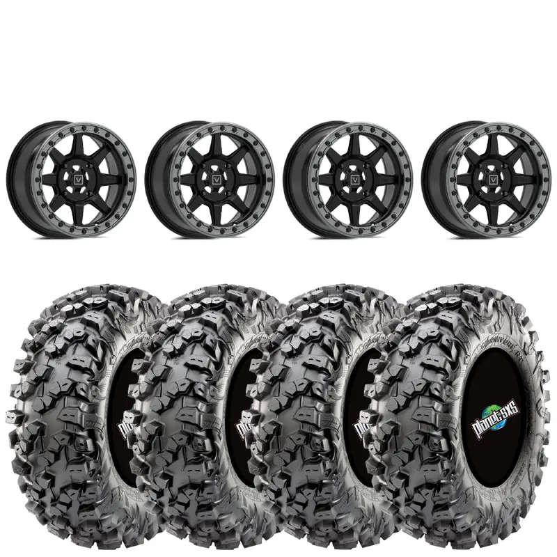 Valor V13 Beadlock Satin Black 15x7 4+3 4X137 on Maxxis Carnivore RT 30x10-15 8-ply