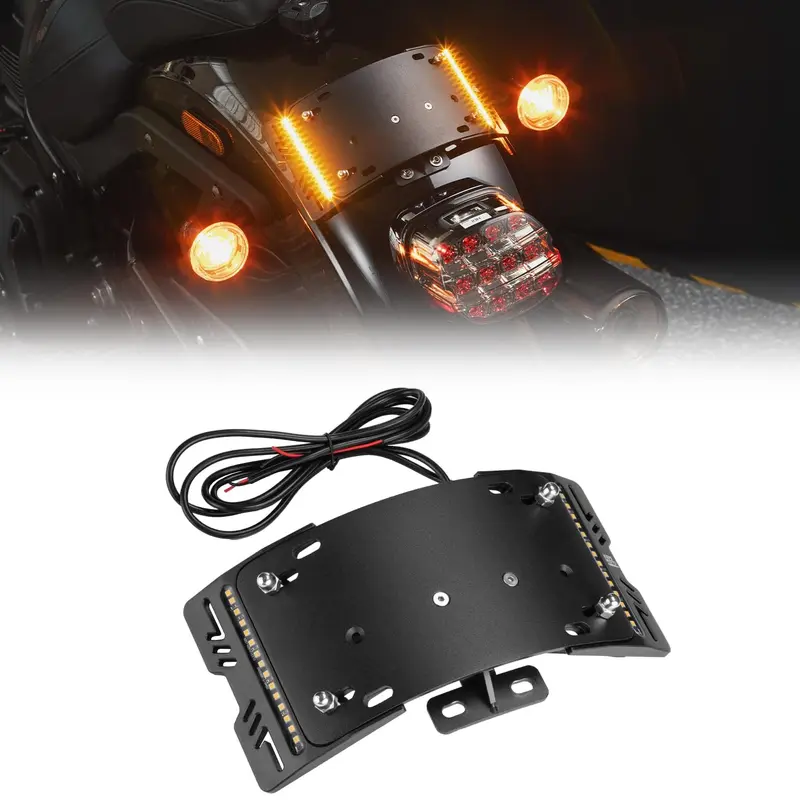 License Plate Bracket Holder W/ Amber LED Light for Softail Cruiser Low Rider