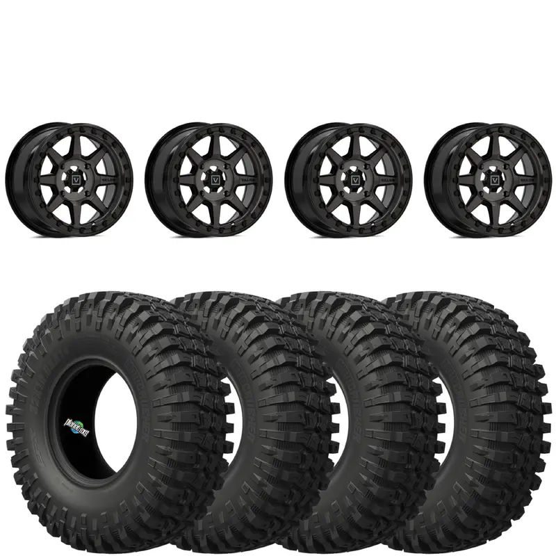Valor Offroad V13 4/137 4+3 Dark Tint beadlocks mounted on EFX MotoCrushers
