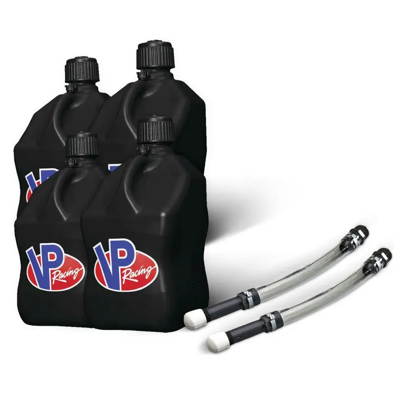 VP Racing 4 Pack Black 5.5 Gallon Square Utility Jugs + 2 Deluxe Fill Hoses